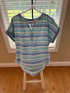 St. John’s Bay Striped Short-Sleeve Pullover in Blue, Teal & Cream